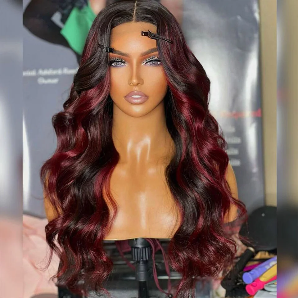

Colored Burgundy Highlight 250% Body Wave 1b/99j 13x4 HD Lace Front Human Hair Wig Brazilian 30 32 Inch 13x6 Lace Frontal Wigs