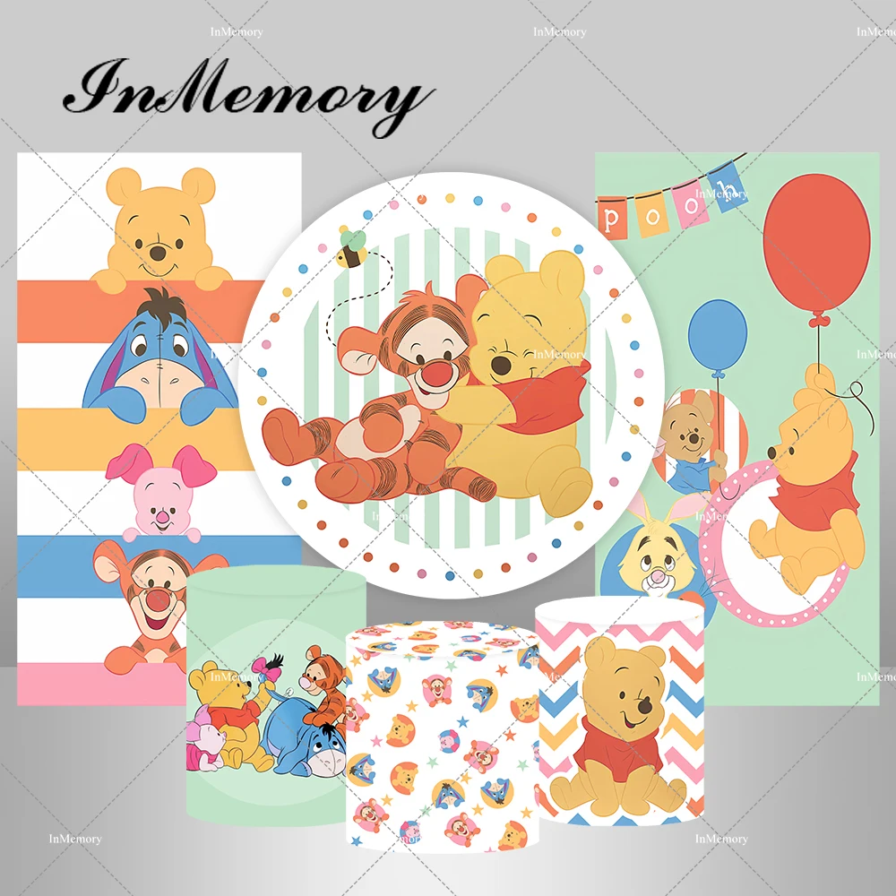 

Cartoon Winnie The Pooh Theme Round Backdrop Covers for Kids Newborn Baby Shower 1st Birthday Party Backgrounds Arch Banner