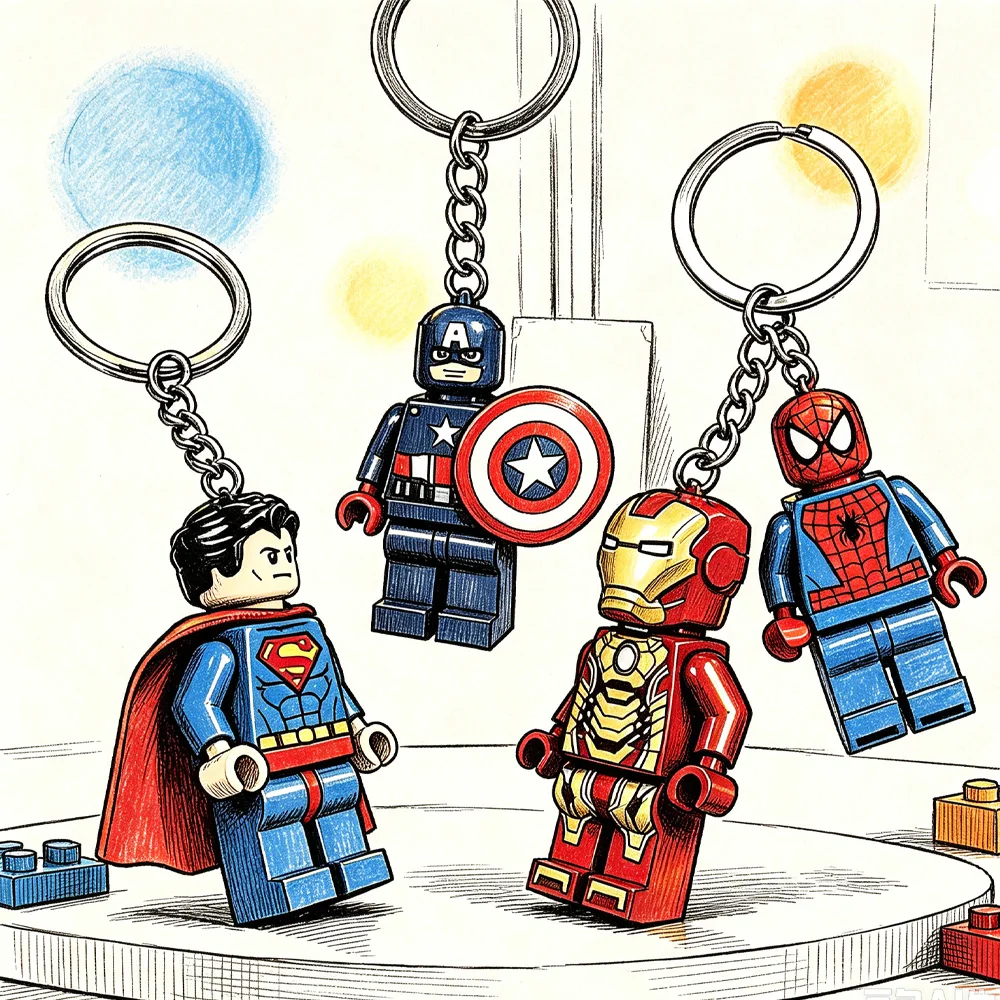 Kawaii Spiderman Iron Man Building Block Keychain Mini Action Figure Backpack Pendant Car Interior Ornament Cartoon Collect gift
