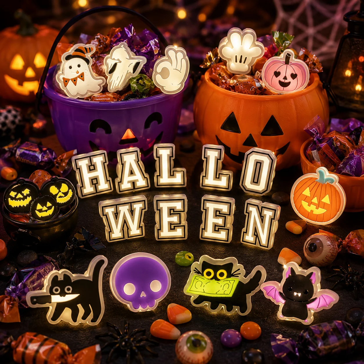 1/20pcs LED Halloween Shoe Charms Set Glow Ghost Pumpkin Light Up Bat Letters Detachable Pins for Clogs Party Night Accessories