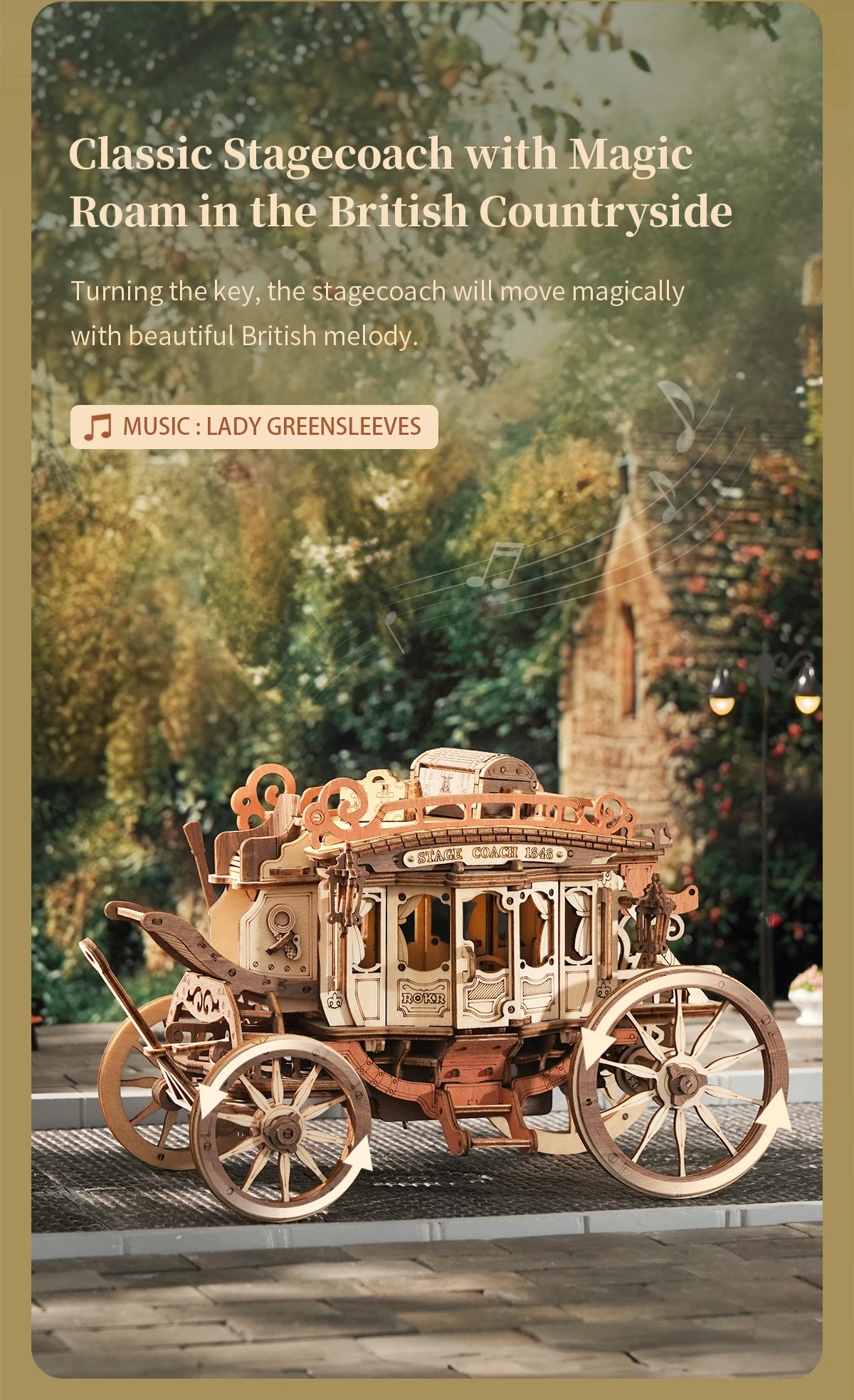 Robotime Rokr Stagecoach Music Box 3D Wooden Puzzle for Adults Birthday Anniversary Day Gift Hobby STEM Kits Model Easy to Build