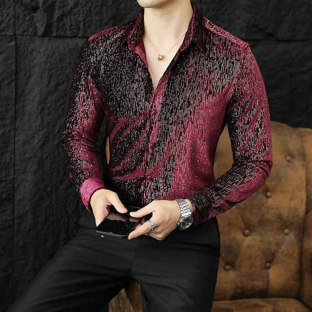 Camisas de terciopelo para hombre Ropa de baile brillante camisas de vestir elegantes de lujo blusa informal de manga larga primavera y otono