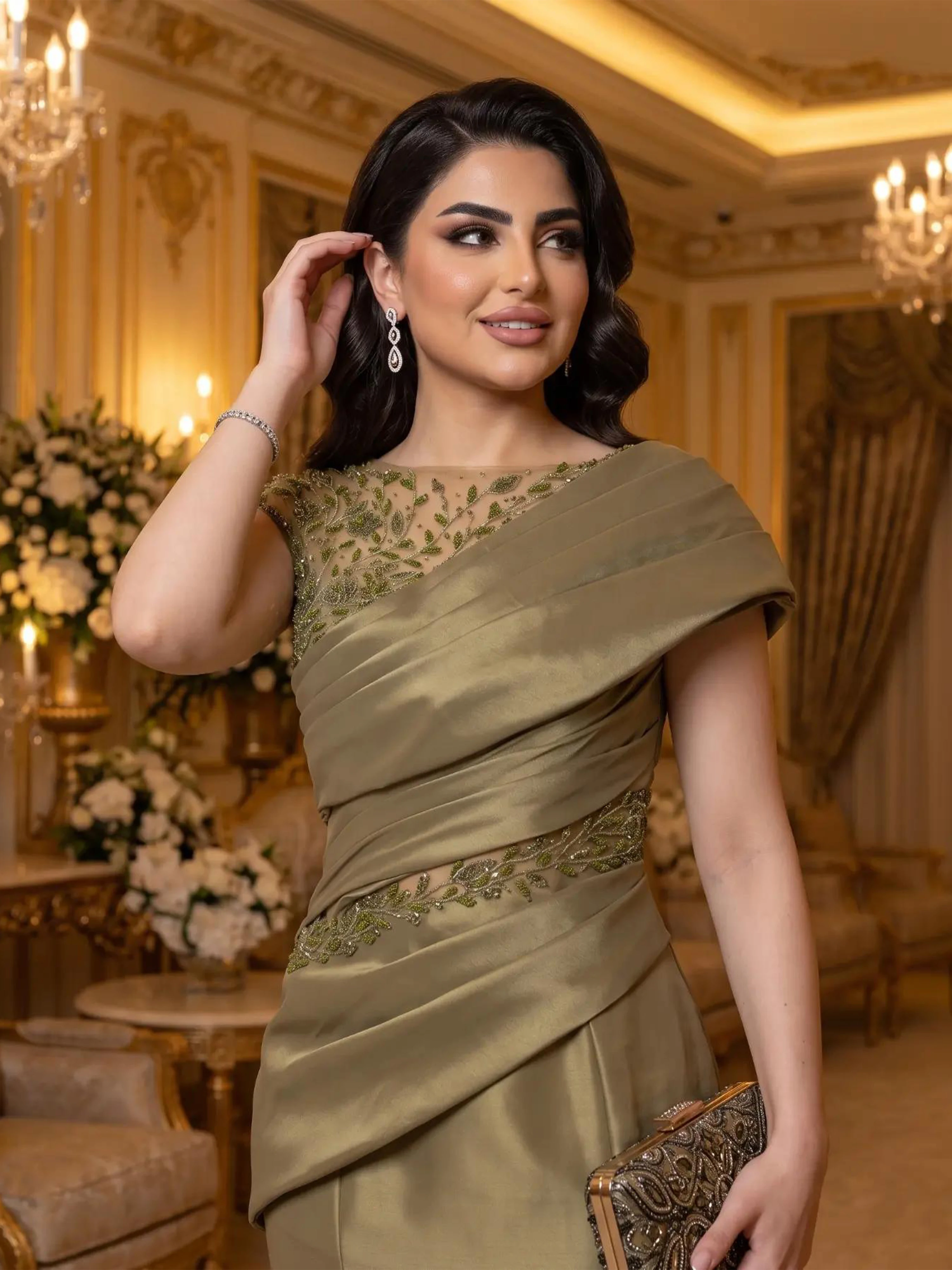 Dubai Olive Green Mermaid Evening Dresses Satin Pleated One Shoulder Beaded Lace Applique Formal Party Gown For Women Customized view 5