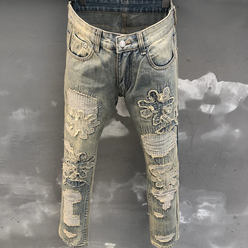 

High Street Straight Jean For Men 2024 Spring Slim Fit Casual Hip Pop Men Jean Hombre Motorcycle Pants Patchwork Men Jean Homme