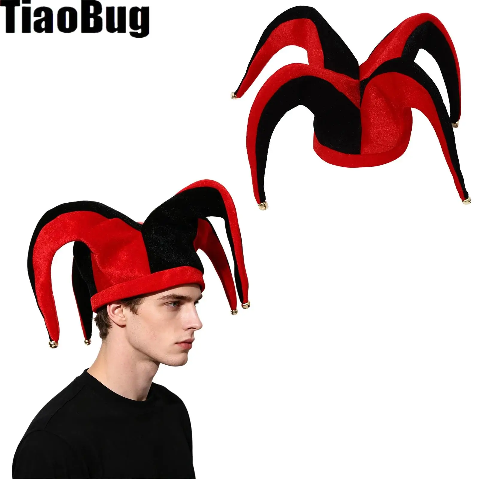 Unisex Adults Clown Contrast Color Funny Jester Hat Cap with Bells for Halloween Cosplay Carnival Stage Performances