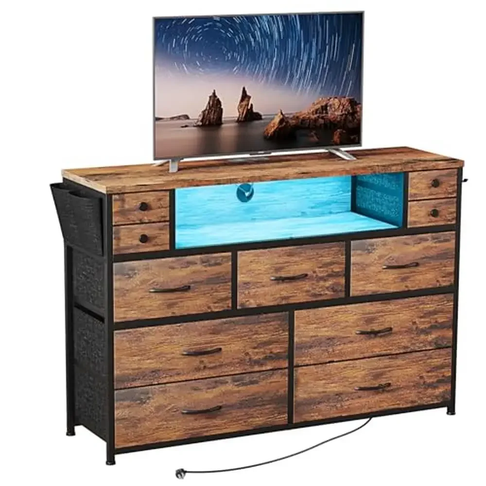 Fabric Chest of Drawers 11 Drawers LED Lights Power Outlets TV Stand 55'' TV Remote Control Storage Solution Side Pocket Easy