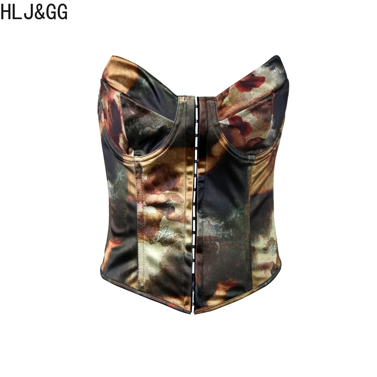 HLJ&GG Sexy Retro Printing Bandage Corset Two Piece Set Women Off Shoulder Sleeveless Backless Slim Top And Denim Shorts Outfits