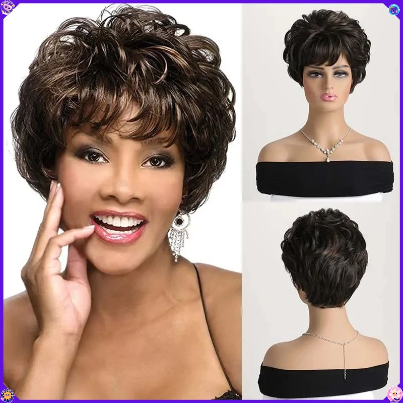Synthetic Fluffy Pixie Cut Wig Short 10 Inch Black Brown Side Bangs Heat Resistant Fiber Natural Daily Costume Party Anime