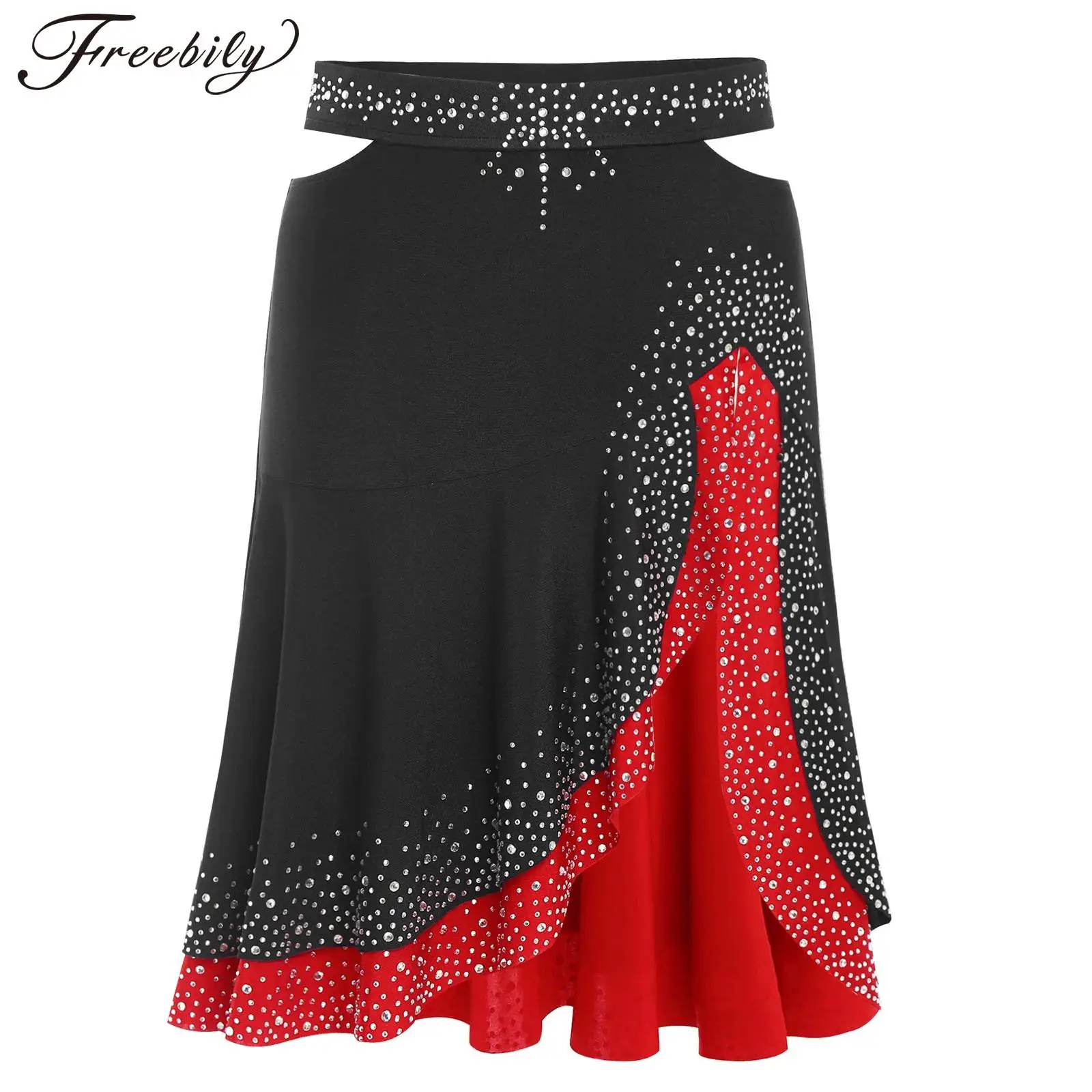 Falda de baile de Jazz latino para mujer, faldas con volantes y cintura hueca con diamantes de imitación brillantes para baile de salón, Cha-cha, Tango, Rumba, patinaje Samba