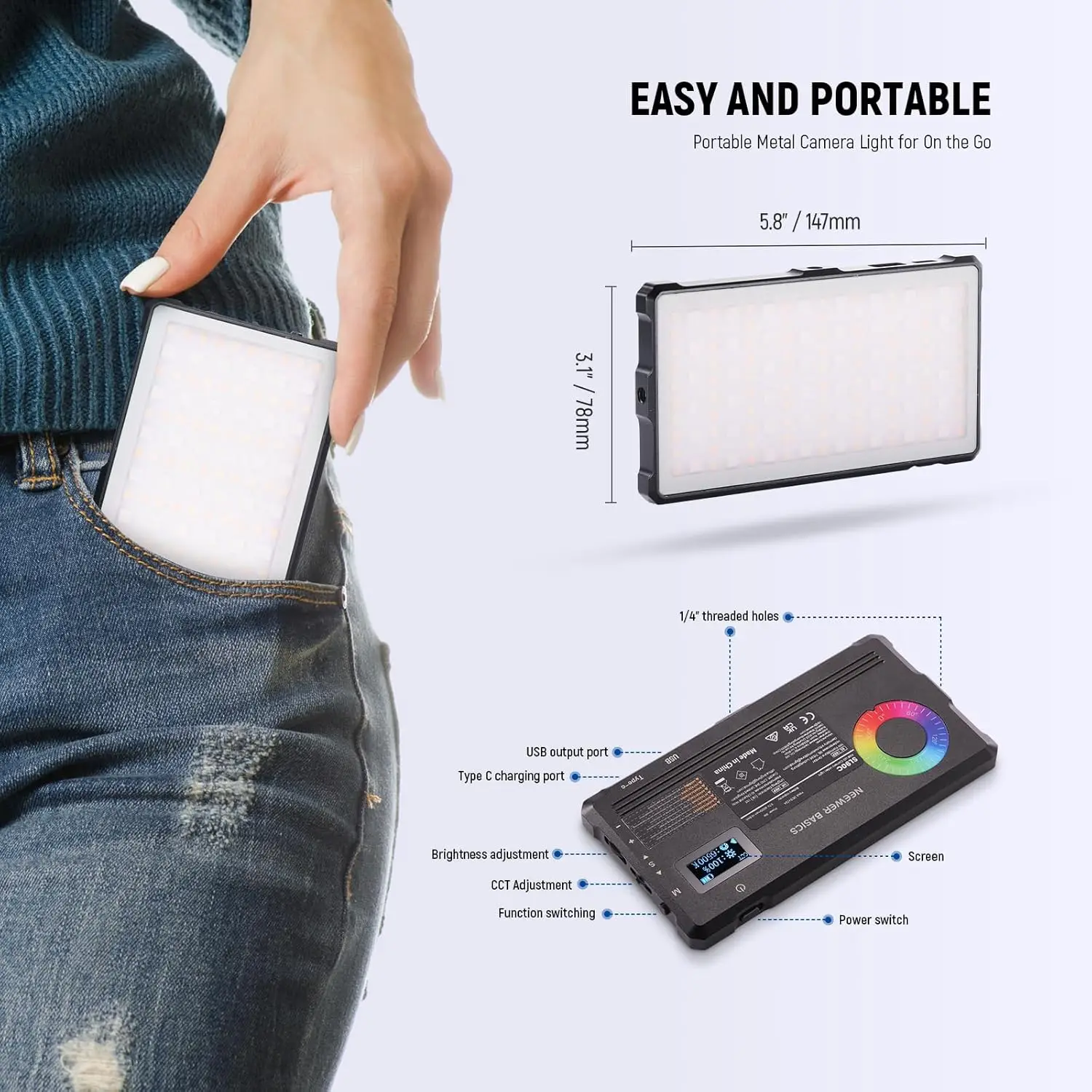 NEEWER Basics RGB-Videoleuchte 9W 2700K-7500K Tragbare Vollfarb-RGB 4000mAh Wiederaufladbare Metall-LED-Kamera-Panelbeleuchtung – Detail 6