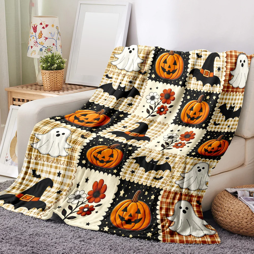 1PC Halloween Plaid Patchwork Blanket-Made of soft plush flannel and featuring pumpkins, ghosts and bats. Perfect for the sofa o