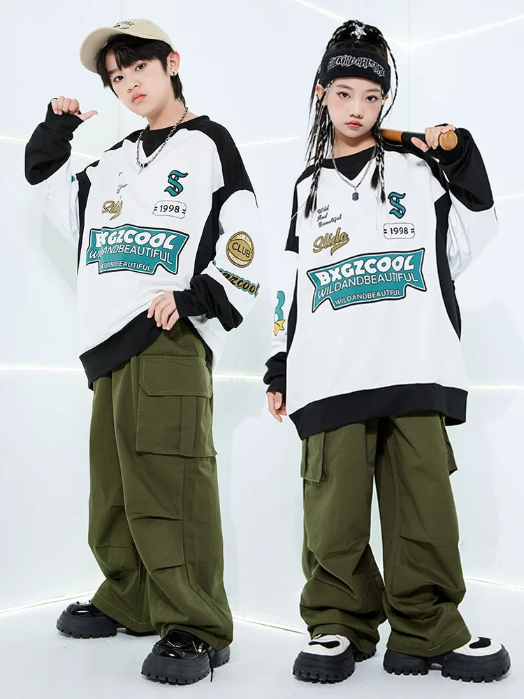 Kids Street Dance Sets Loose Sweatshirt Green Pants Boys Hip Hop Outfits Modern Jazz Dance Costume Girls Kpop Performance Wear