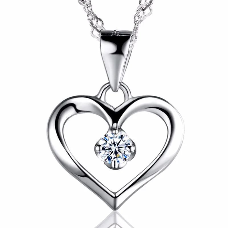 Romantic 925 Sterling Silver Hollow Love Heart Crystal Zircon Pendant Necklaces for Women Girls Engagement Party Jewelry Gifts