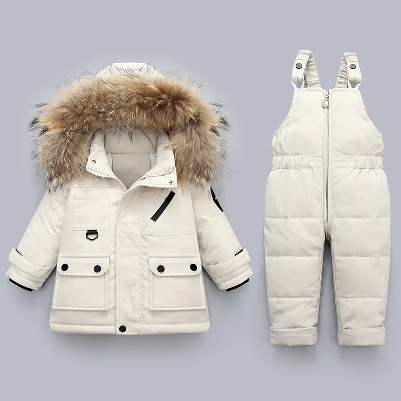 

Children Boy Winter Clothes Set Fur Hooded Waterproof Toddler Girl Down Jacket Kids Baby Boy Jumpsuits Overalls Toddler Boy 2PCS
