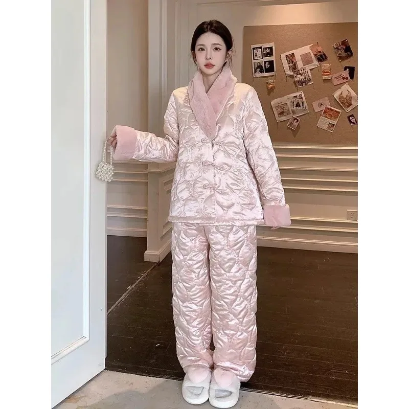 

National Style Hair Collar Coral Fleece Three-layer Padded Pajamas Women's Winter Thickened Outer Wear Foreign Style Loungewear