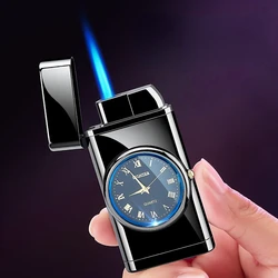 Cool Metal Watch Windproof Lighter Personalized LED Light Blue Flame Inflatable Lighter Holiday Gift Smoking Accessories Gadget