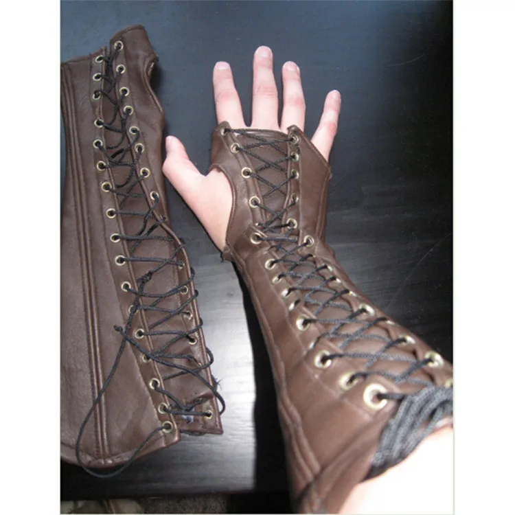 PU Leather Bracer Fingerless Gloves Lace Up Cuffs Medieval Armor Punk Gauntlet Archer Costume Wrist Arm Accessory For Men Women