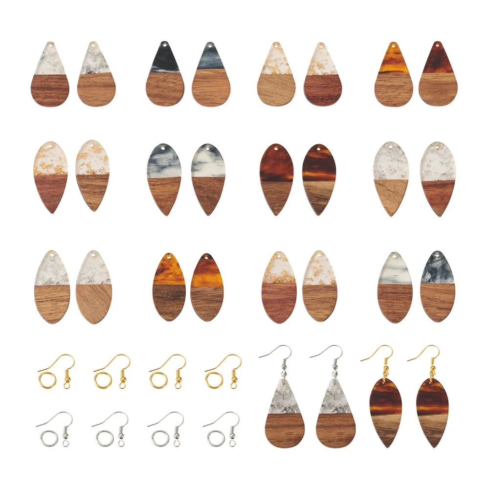 

24pcs Teardrop Resin Walnut Wood Pendants Charms With Earring Hooks Jump Rings for Dangle Earring DIY Jewelry Making