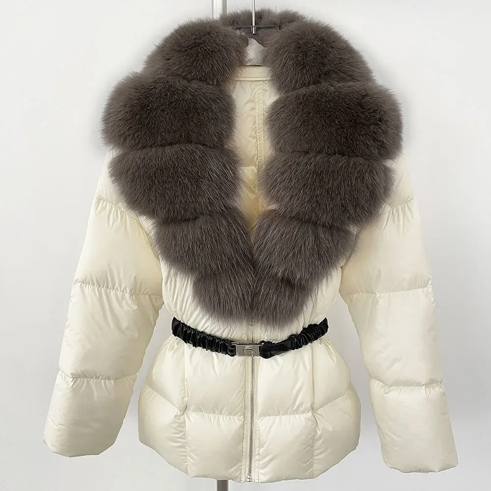 Vero cappotto di pelliccia di volpe naturale caldo piumino d'anatra bianco da donna nuovo grande inverno con lacci in vita soffice Parka piumino allentato 2025