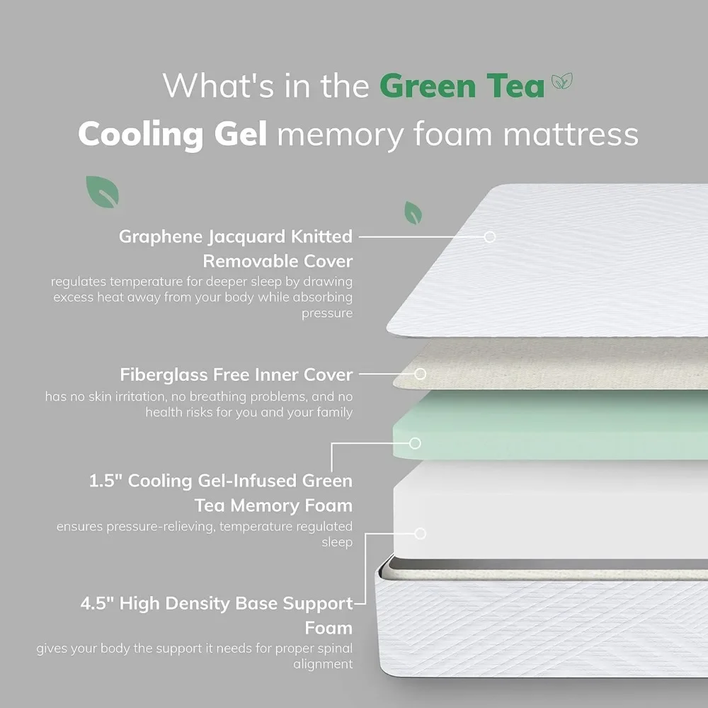 White 6Inch Medium Firm Full Memory Foam Mattress, Cooling Gel Green Tea Mattress Bed in a Box, Double Mattress