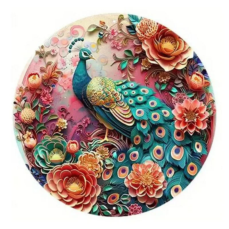 Retro Round Metal Tin Signs 2D Flat Peacocks Decor Pattern Nostalgic Iron Painting Novelty for Cafe Bar Man Cave Wall Decor