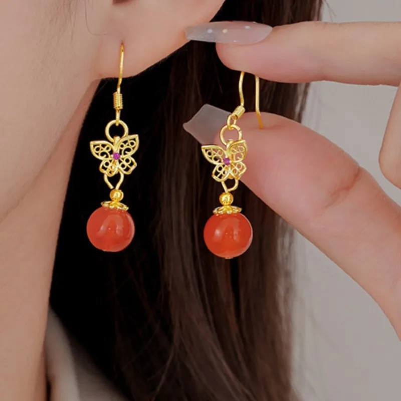 PANJBJ 925 Sterling Silve Nanhong Agate Drop Earring for Women Golden Butterfly Hollow Out Ethnic Jewelry Gift Dropshipping