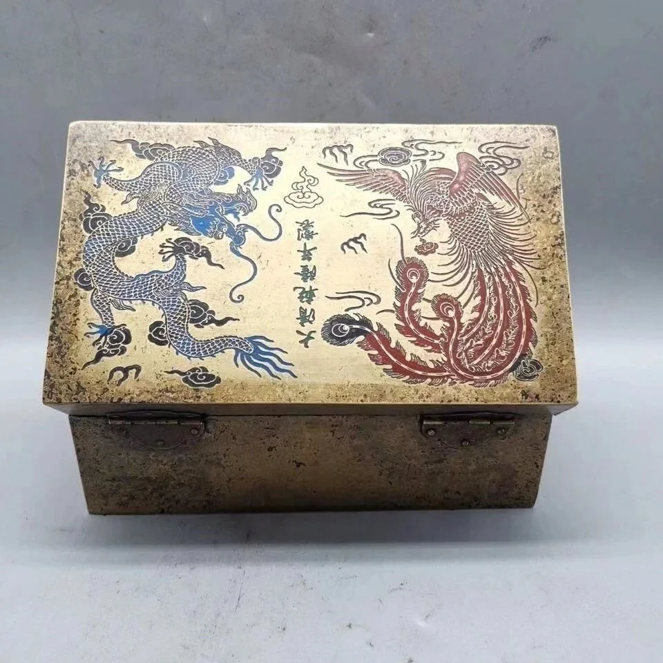 Vintage Chinese Brass Jewelry Box Dragon Phoenix Pattern Metal Storage Box Desktop Treasure Chest Decor Craft