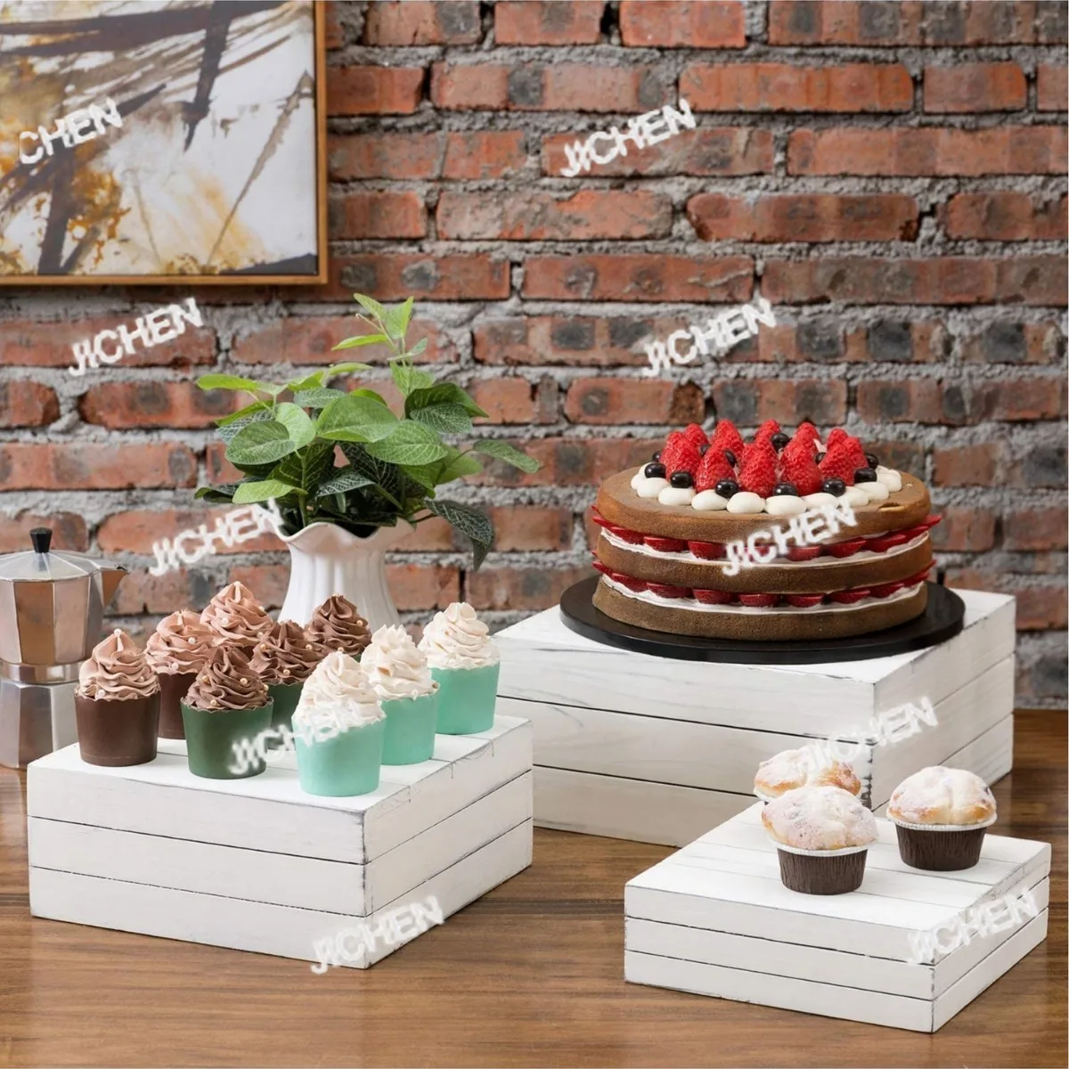 

JCTWooden Dessert Display Stand Cupcake Stand Creative Ladder Display Stand Solid Wood Rack