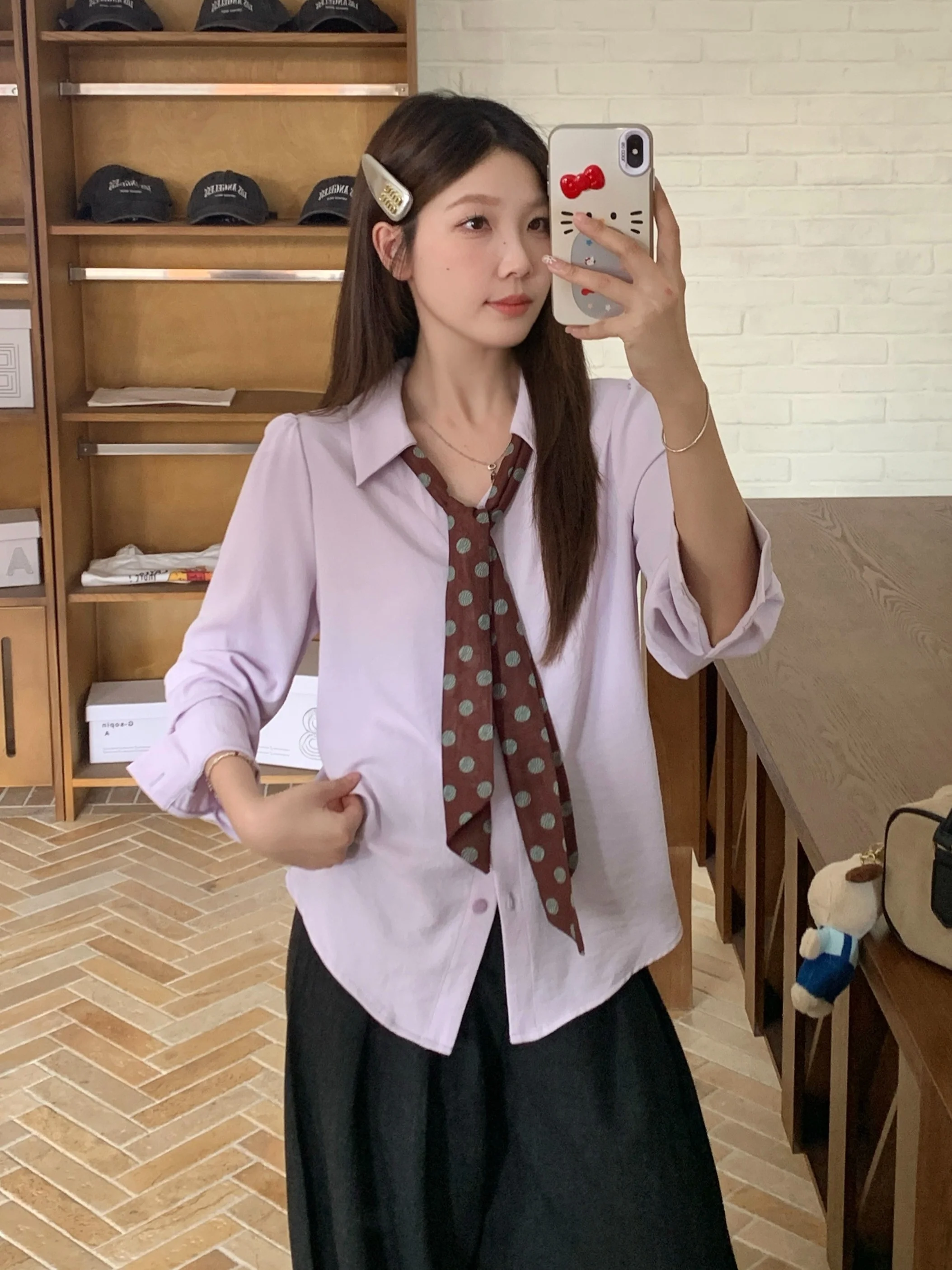 

plus Size Women's Fashion Polka Dot Collar Long Sleeve Shirt Loose Slimming Design Spring New Style Korean Version Top