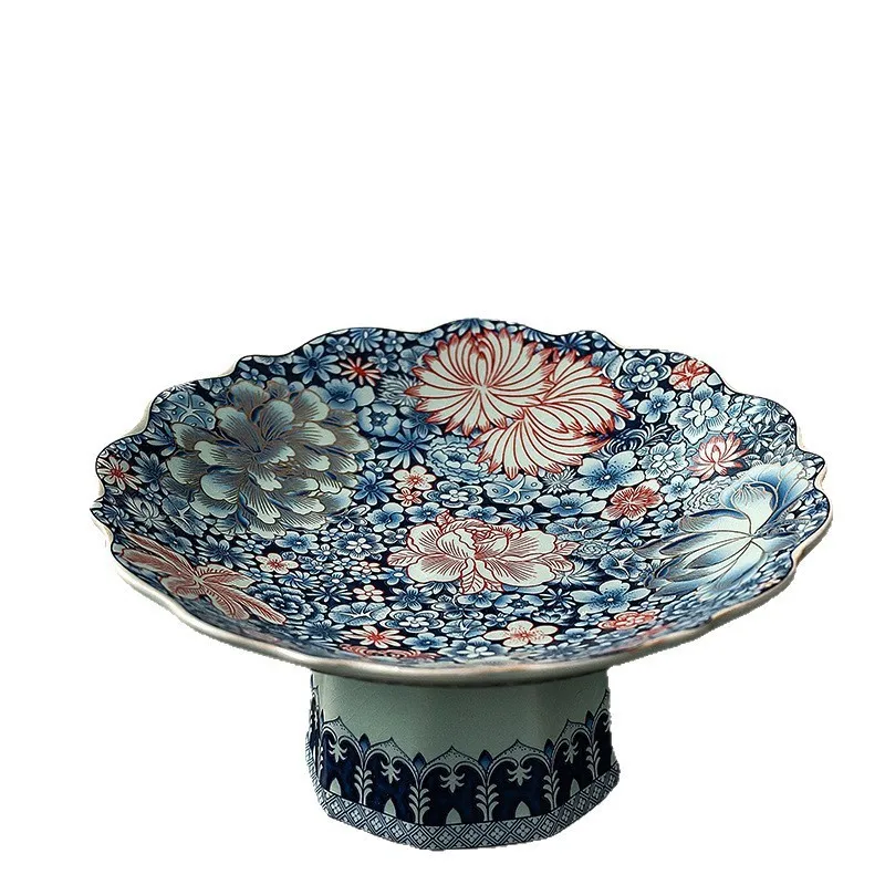 

retro Chinese style serving plate ceramic refreshment fruit snack plate living room household high-foot tribute plate