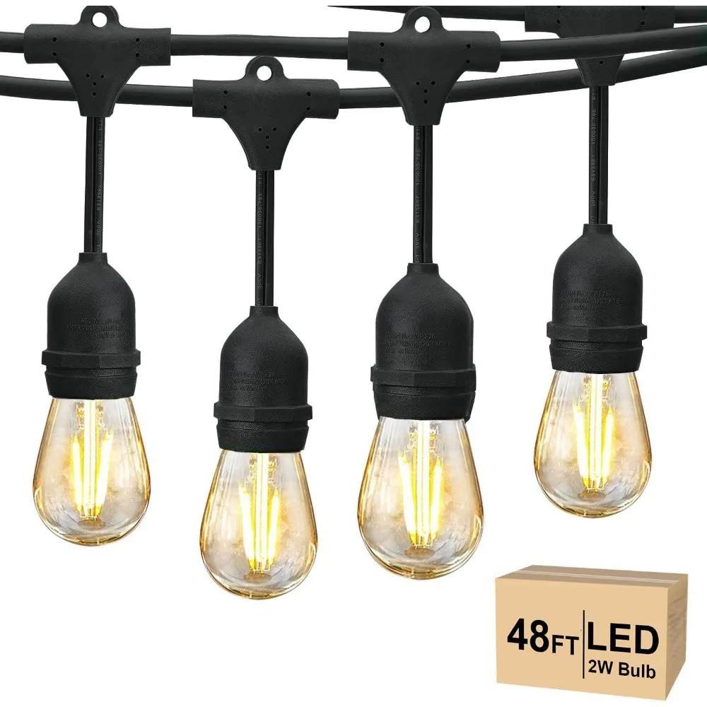 Luzes de corda externas Svater de 48 pés, iluminação de pátio de nível comercial de 2 W com 15 lâmpadas inquebráveis estilo Edison, IP65 à prova d'água