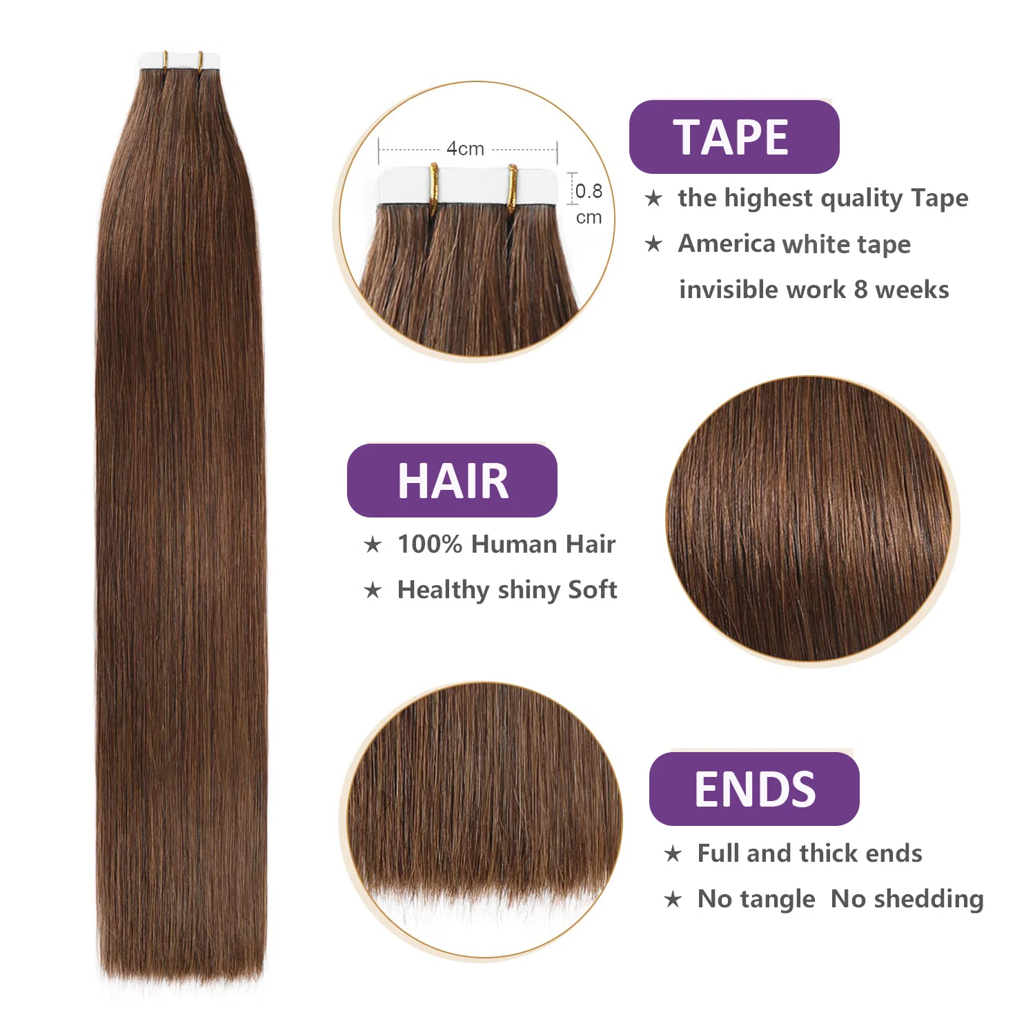 Tape In Hair Extensions Human Hair Remy Silky Straight Jet Black 20Pcs/Pack Dark Brown Hair Tape Ins Adhensive Hair Extensions