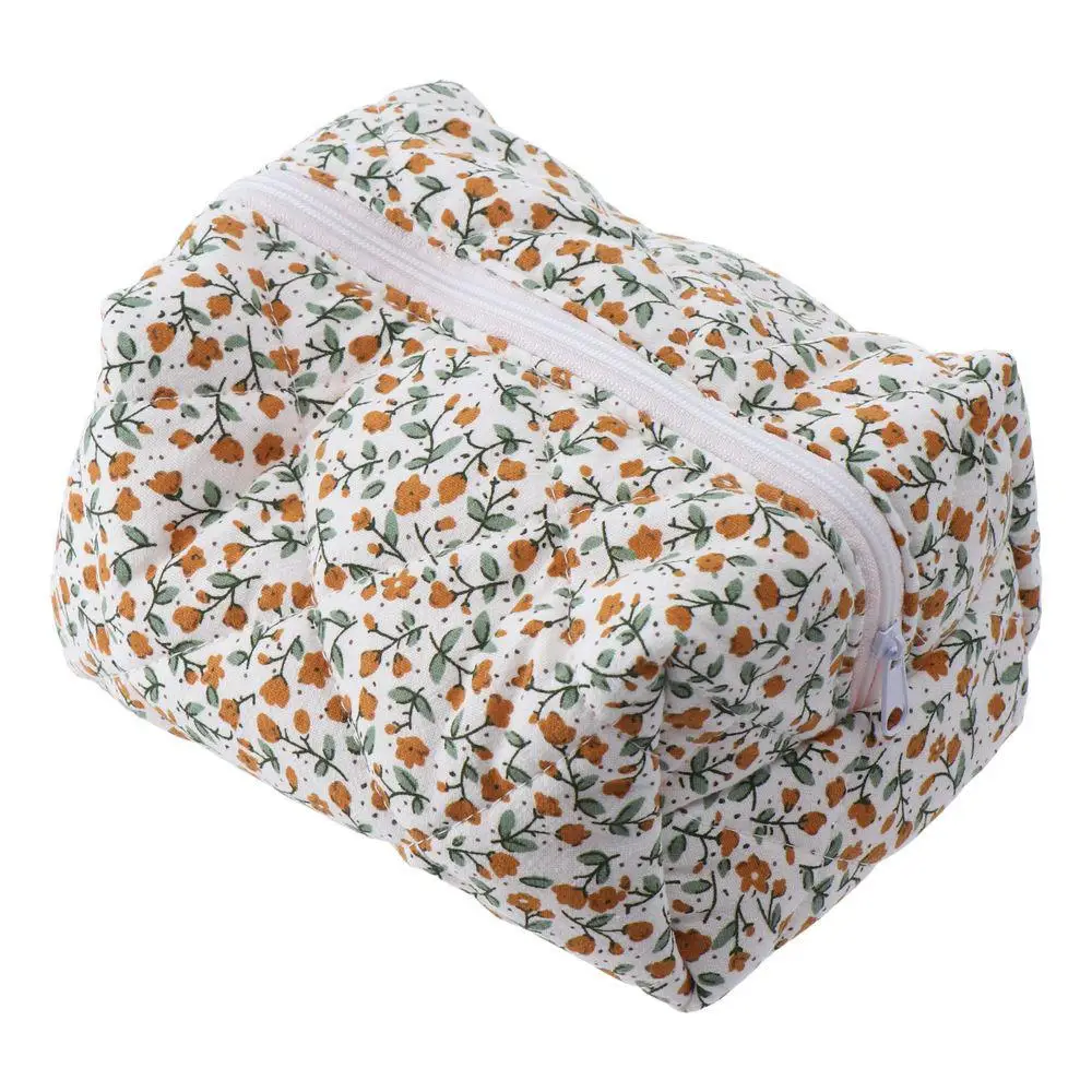 Storage Organizer Floral Puffy Quilted Makeup Bag Flower Printed Cosmetic Pouch Large Travel Cosmetic Bag Makeup Accessory