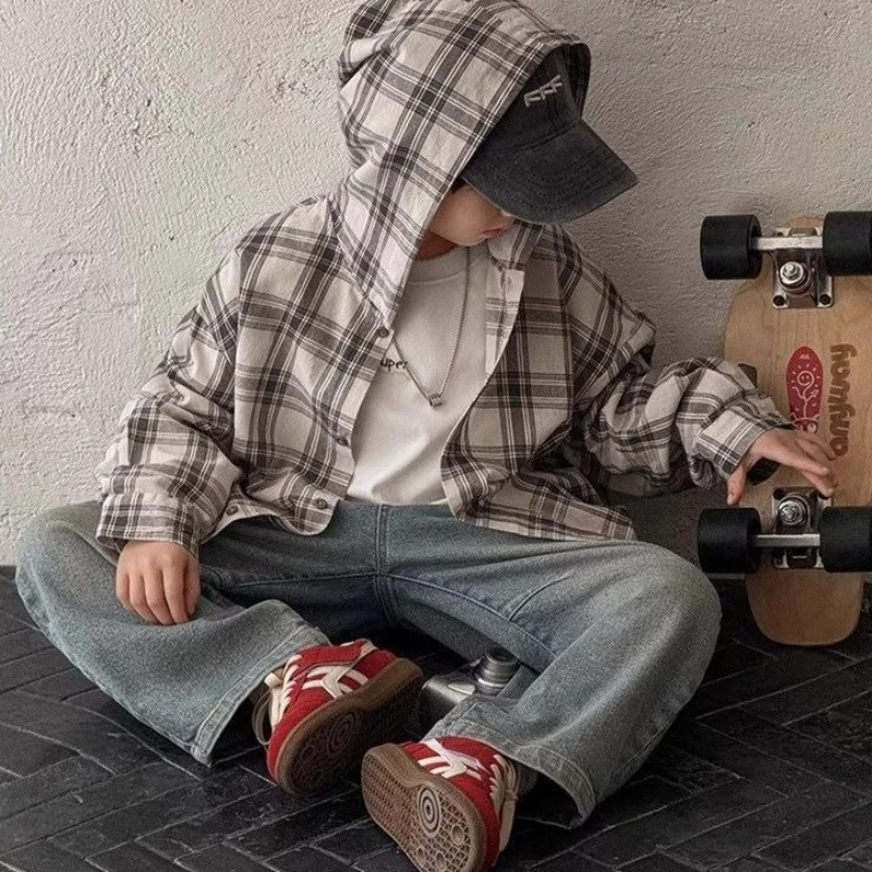 2026 Boys Plaid Shirt Long Sleeve Casual Button Up Tops Spring Autumn Kids Fashion Outerwear