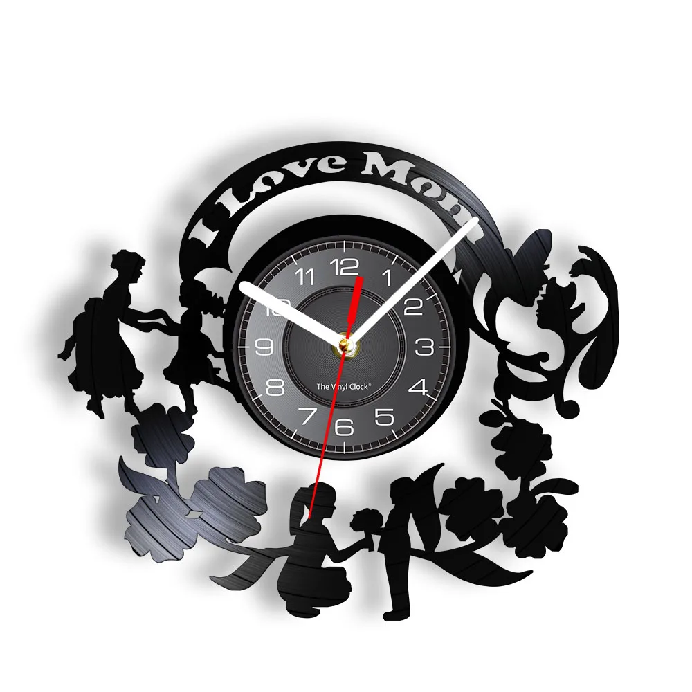 Me encanta la mamá, letrero de pared, reloj de pared, día de la mamá, reloj de pared con disco de vinilo Vintage, decoración del hogar para madres y niños con flores, regalo del día de la madre