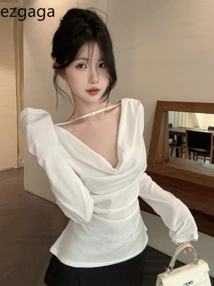 

Ezgaga T Shirts Women Backless Chain Swinging Collar Sexy Long Sleeve Slim Autumn Fashion Tops Female Clubwear Tshirt Casual