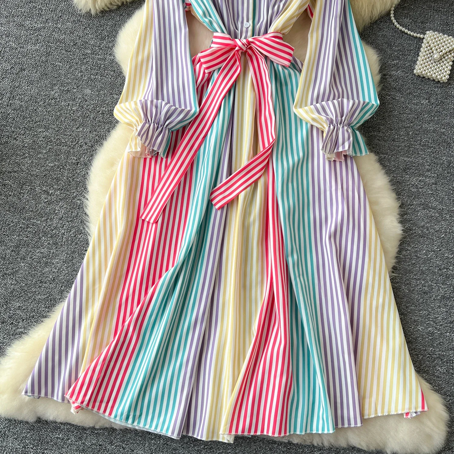 Vintage  Elegant Striped lool Sleeve Single Breasted loose Turn-down Collar Dress Women  Fashion summer Spring dresses