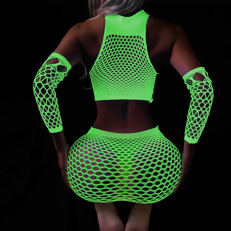 Erotic Lingerie Luminous Mesh Sex See Through Hollow Out Net Clothing Sexy Lingerie Bodysuit For Mesh Dress Bondage Underwear