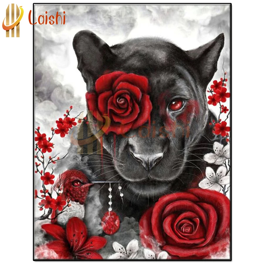 5D Diamond painting, fantasy, Black Panther, Red Rose flower, full square diamond embroidery, round diamond mosaic, home decor