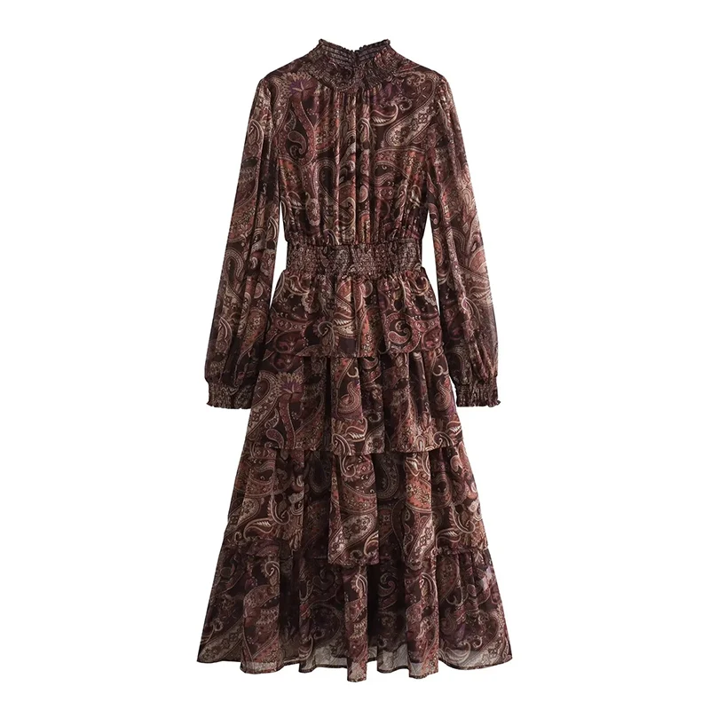 Vestido Maxi F Estilo Europeu Z de Chiffon Estampado com Manga Longa, Cintura Marcada e Camadas – Coleção Primave...