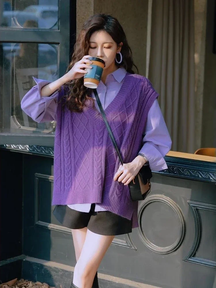 Waistcoat Purple V-Neck Lady Sweaters Loose Pullover Knit Vests for Women Sleeveless Korean Style Clothing Elegant Trend 2024