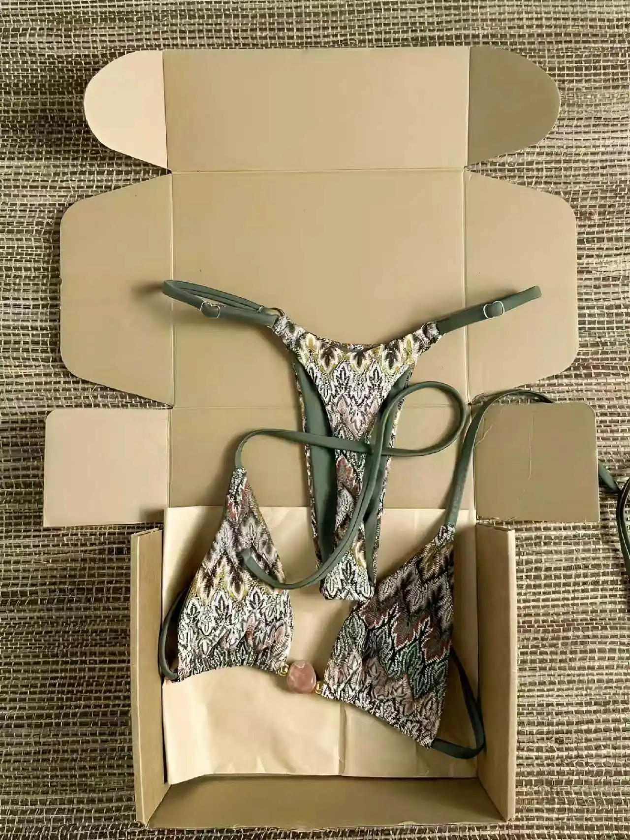 Boho Ethnic Print Triangle Bikini Set Women Gem Decor Adjustable Thin Strap High Cut Thong Swimsuit Beach Bathing Suit