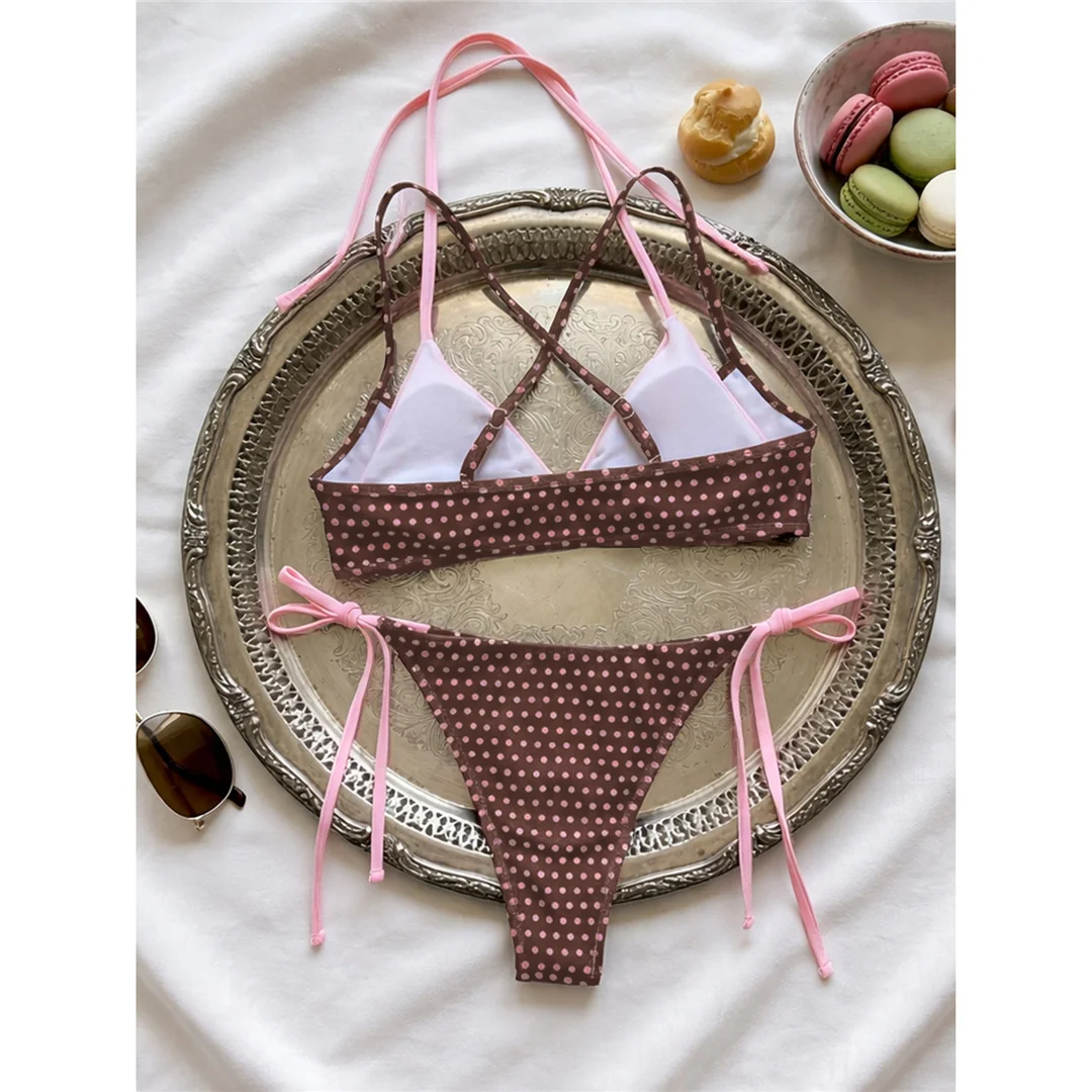 XS - L Sexy Polka Dot Splicing Neckholder-Bikini Damen-Badeanzug Zweiteiliger Bikini-Set Badebekleidung Badeanzug V8208 – Detail 5