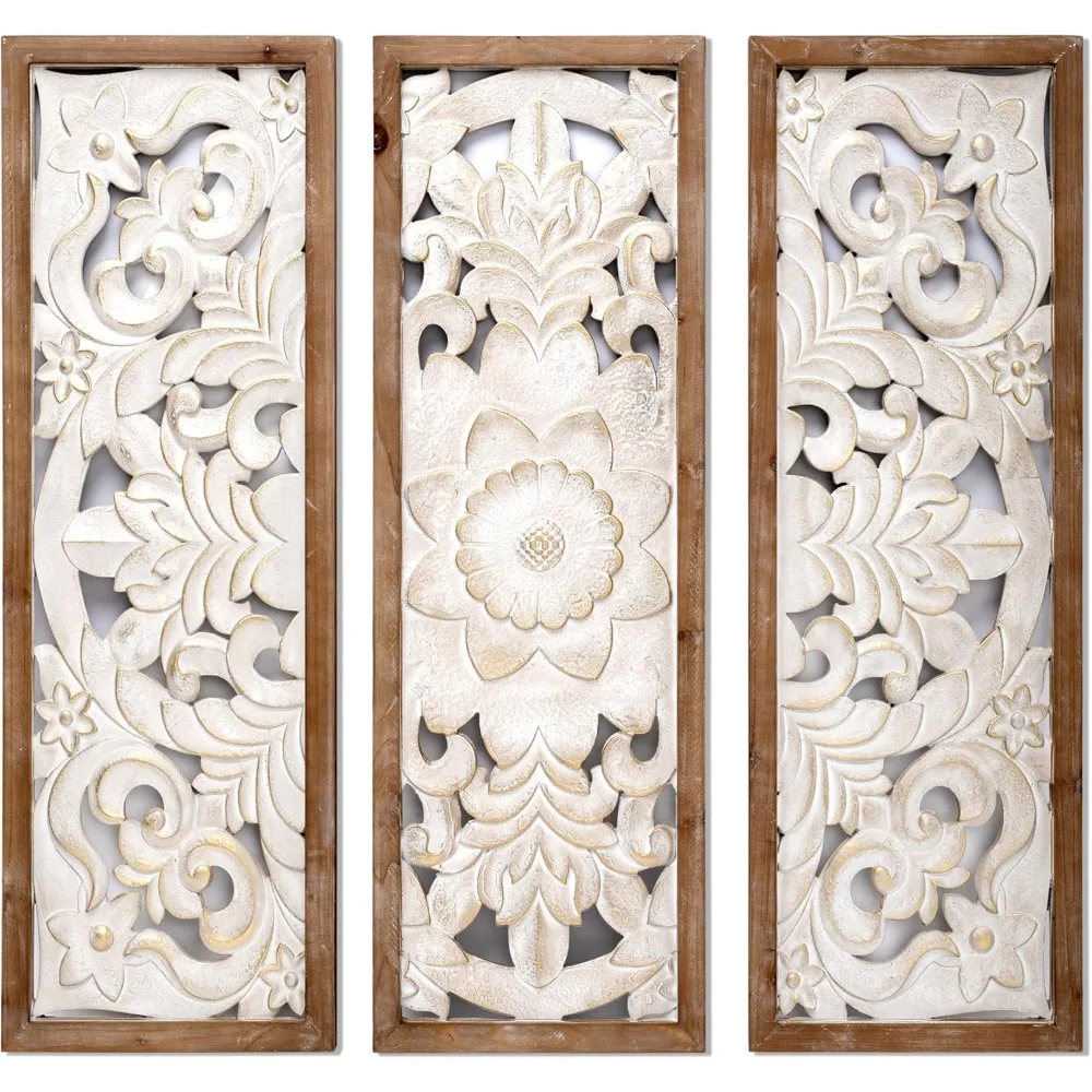 

Carved Floral Wooden Wall Decor - Golden wash white wood wall art, Handmade Decorative Wall Panels for Living Room or Entrance