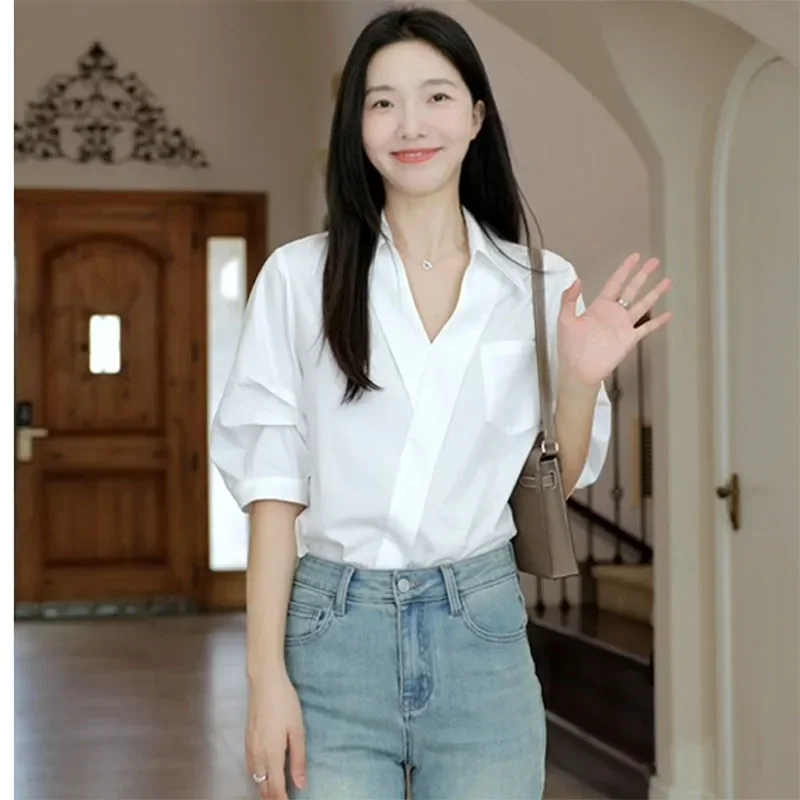 Women's Temperament Elegant Tops Summer White Shirt Office Lady Fashion Half Sleeve Chic V-neck Blouses