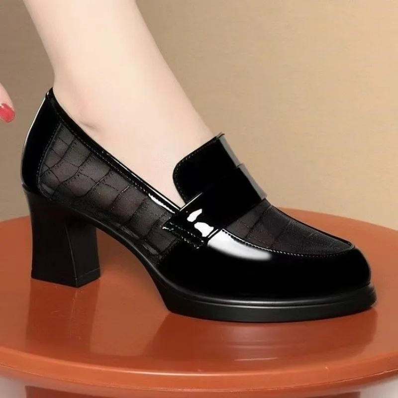 Mesh Breathable High Heels for Women in Summer Hollowed Out Single Shoes with Soft Soles and Thick Heels, Workplace Single Shoes