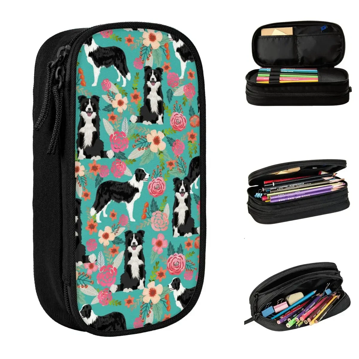 

Fun Border Collie Dog Vintage Florals Pencil Cases Animal Pencil Pouch Pen Box for Student Large Storage Bags Gifts Stationery