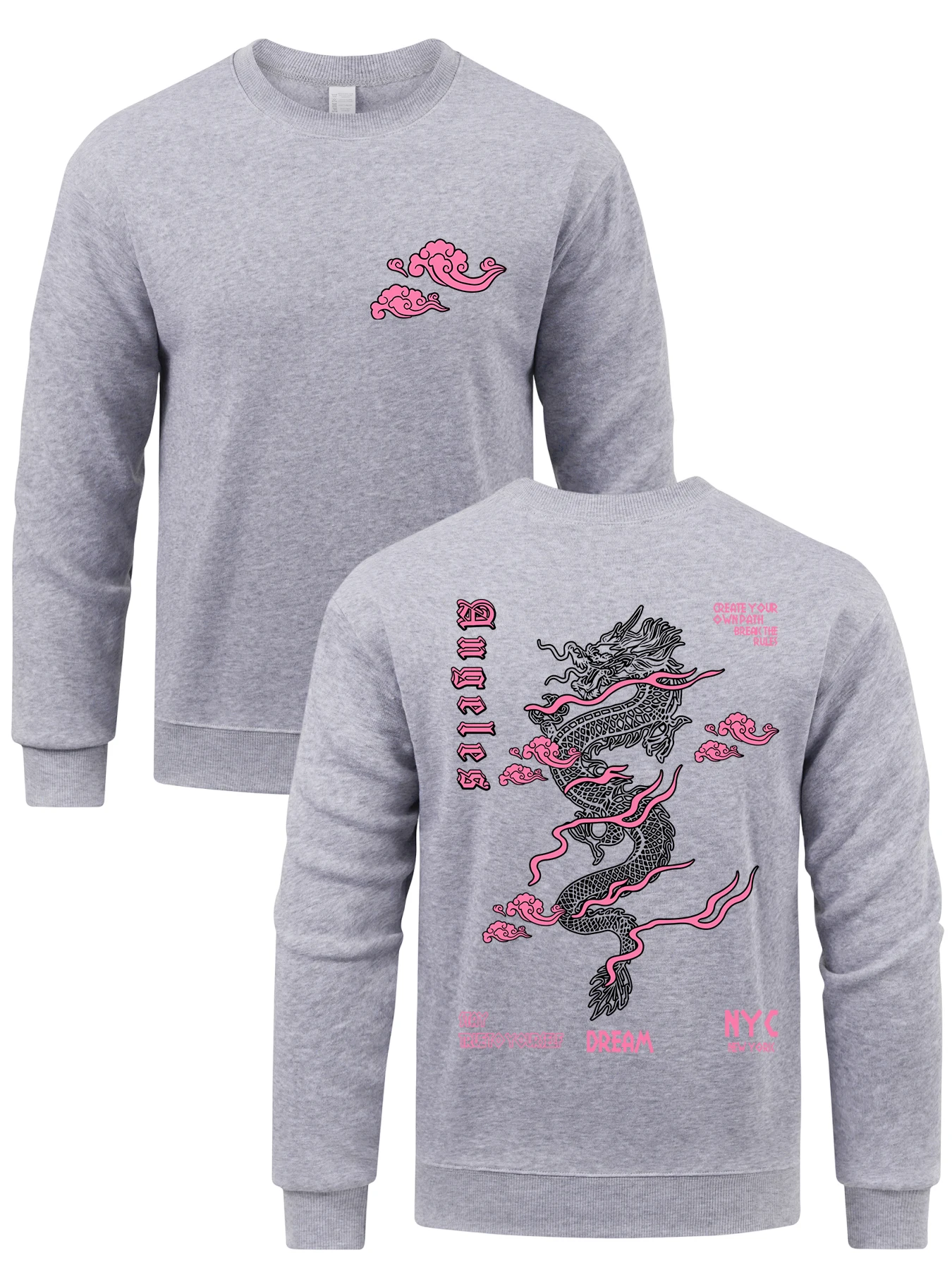 New York City Mushu Dragon Print Mens Pullovers Soft Casual Sweatshirts Autumn Loose Streetwear Crewneck Fleece Clothing