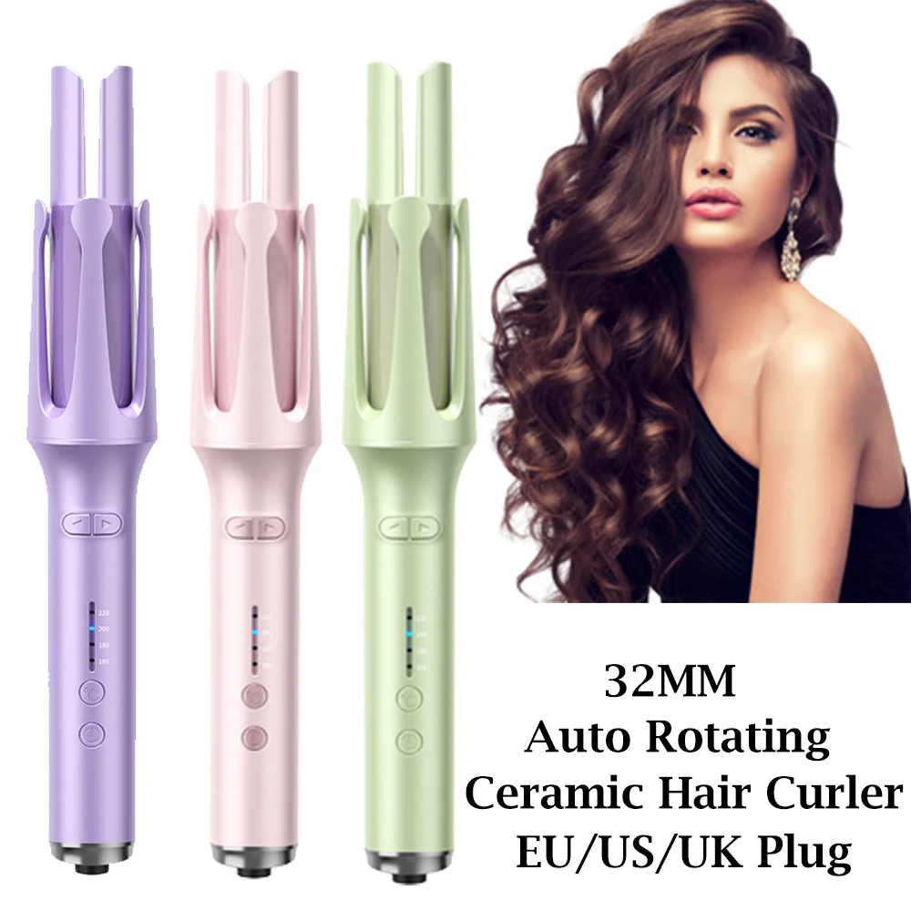 

32MM Auto Rotating Negative Ion Hair Curler 4 Gear Temperature Adjustment Big Wave Curling Iron Styling Tool EU/US/UK Plug