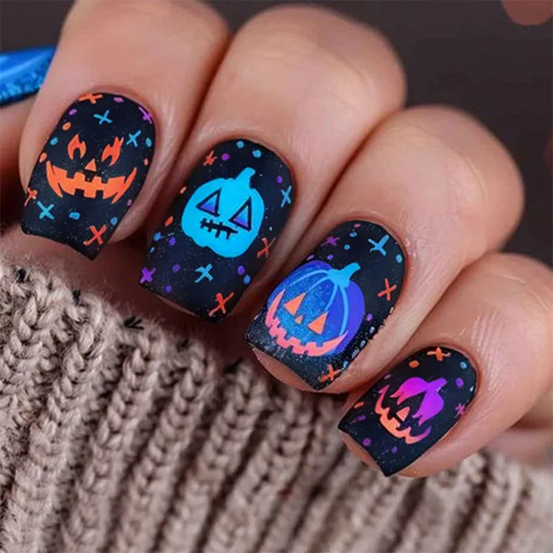 

30Pcs Medium Square Press on Nails - Halloween Party Design with Blue Pumpkin, Colorful Crosses and Lavender Flames
